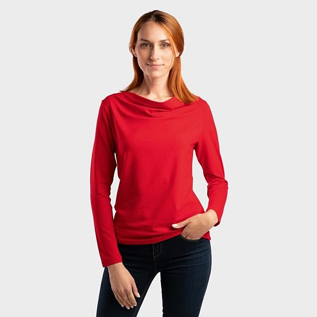 Shirt mit Wasserfallausschnitt langarm, Viskose, rot